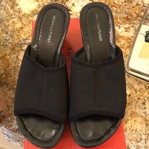 Donald Pliner Black Crepe wedge slides